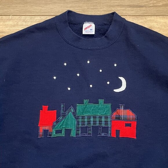 VTG Row House Nighttime Sweatshirt Adult MEDIUM Navy Blue Rhinestones USA Made - Picture 3 of 10